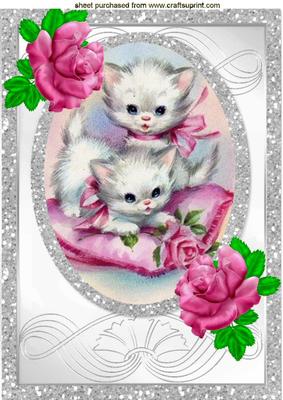Kittens Playing, with Pink Roses in Sparkle Frame A4