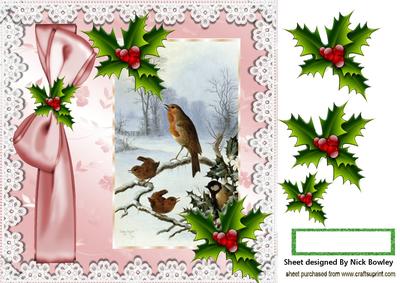 Little Robins on a Branch with Holly 8x8