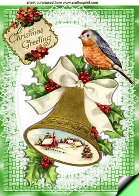 Bell with Snow Scene with Holly & Little Robin A4