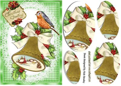 Bell with Snow Scene with Holly & Little Robin Oval Pyramids