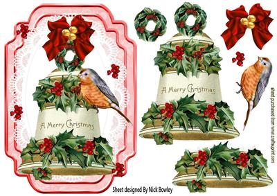 Vintage Holly & Berry Bell, with Holly and Bow on Lace