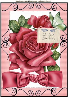 Pretty Big Pink Rose, with Butterflie and Bow A4