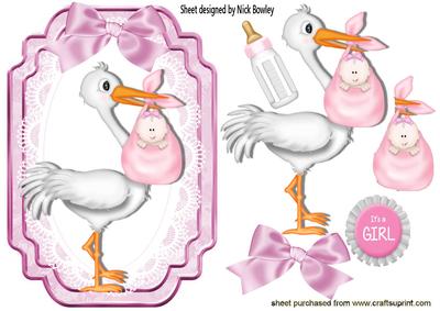 Stork with Baby Girl! on Lace with Bow