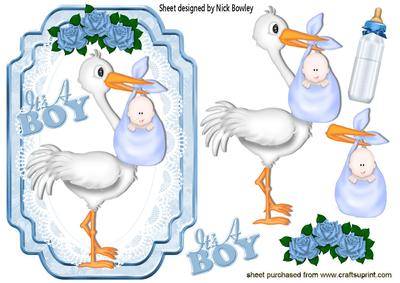 Stork with Baby Boy and Roses! on Lace with Roses