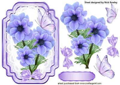 Pretty Lilac & Blue Flowers with Butterflies on Lace