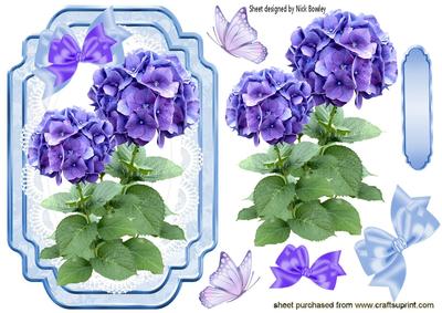 Purple and Blue Hydrangea on Lace with Butterflies