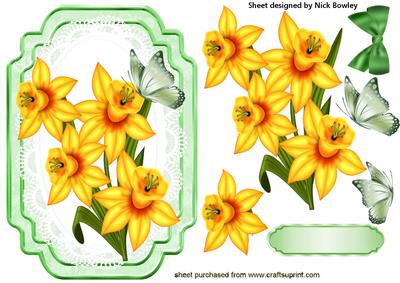 Lovely Daffodils on Lace with Butterflies & Bow