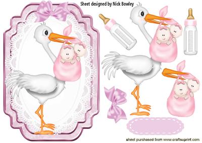 Stork with Twin Girls, on Lace with Bow