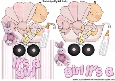 Baby Girl in Her Pram with Bunny, Over the Edge Card