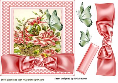 Pretty Pink Roses in a Basket with Butterflies 7x7