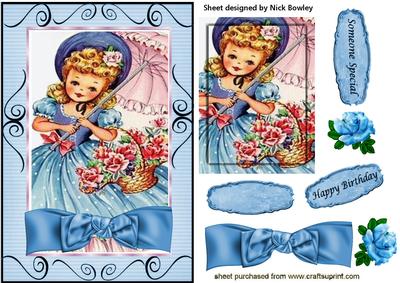 Pretty Girl with Flowers and Parasol Card, & Topper