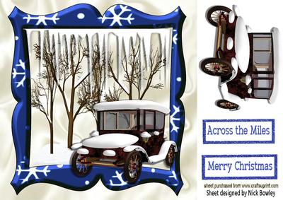 Lovely Snow Scene in Blue Frame with Vintage Car 8x8