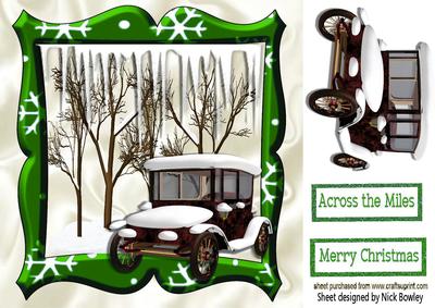 Lovely Snow Scene in Green Frame with Vintage Car 8x8