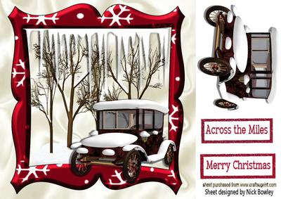 Lovely Snow Scene in Red Frame with Vintage Car 8x8