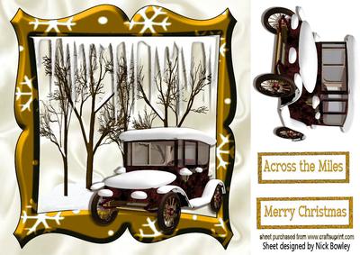 Lovely Snow Scene in Gold Frame with Vintage Car 8x8