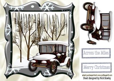 Lovely Snow Scene in Silver Frame with Vintage Car 8x8
