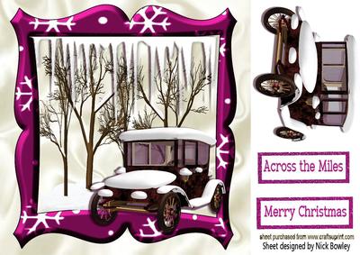 Lovely Snow Scene in Pink Frame with Vintage Car 8x8