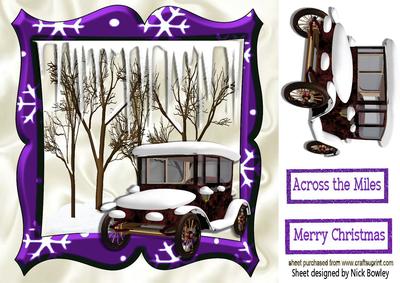 Lovely Snow Scene in Purple Frame with Vintage Car 8x8