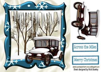 Lovely Snow Scene in Turq Frame with Vintage Car 8x8