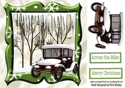 Lovely Snow Scene in Lime Frame with Vintage Car 8x8