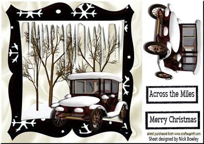 Lovely Snow Scene in Black Frame with Vintage Car 8x8