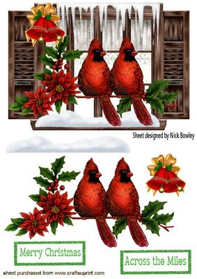 Red Cardinals in the Snow with Window & Bell