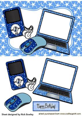 Blue Glitter and Stars, Mp3 Player, and Laptop