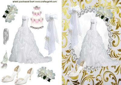 Gorgeous Wedding Dress with Accessories on Gold Swirl Backgr