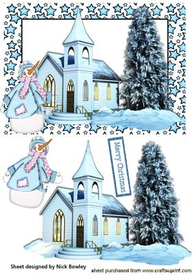 Church in the Snow with Snowman in Blue Star Frame