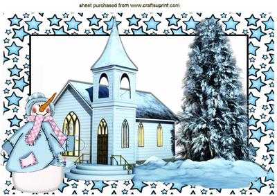 Church in the Snow with Snowman in Blue Star Frame A4