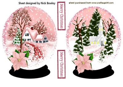 Snow Scene in Pink with Church & Cottage Snowglobes