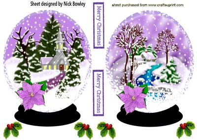 Snow Scene in Lilac with Church & Cottage Snowglobes
