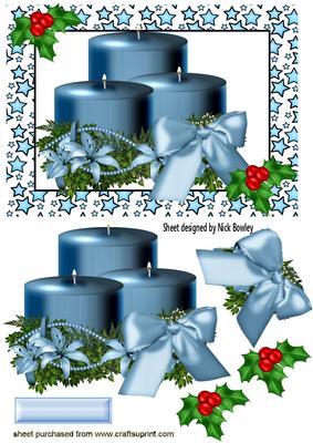 Blue Christmas Candles with Holly & Bow