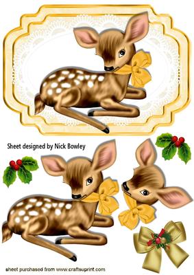 Sweet Deer with Holly and Christmas Bow