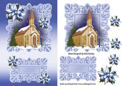 Pretty Church with Blue Poinsettias Card & Topper