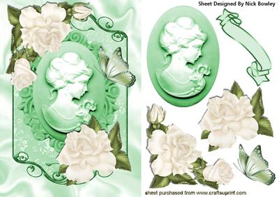 Pretty Green Cameo Lady with Cream Roses