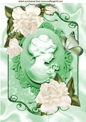 Pretty Green Cameo Lady with Cream Roses A4