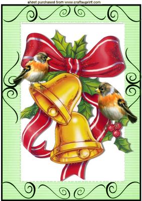 Gold Christmas Bells with Bow & Robins A4