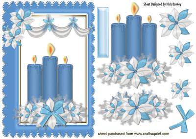 Pretty Blue Candles with Swag and Poinsettias