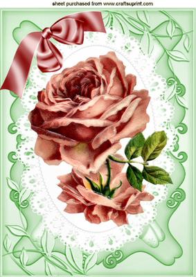Painted Vintage Pink Rose on Lace with Bow A4