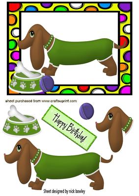 Sausage Dog in a Onesies, with His Bowl in Funky Frame