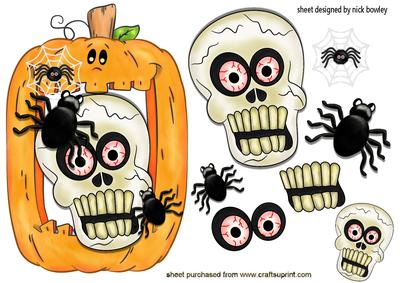 Spooky Skull, with Spiders!in Pumpkin Frame
