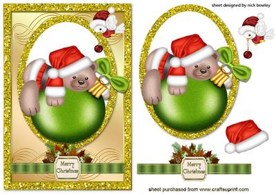 Teddy on a Bauble with Little Robin Card & Topper