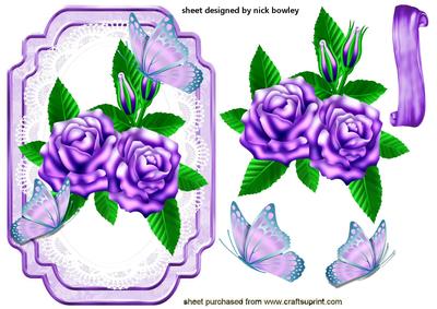 Painted Purple Roses on Lace with Butterflies