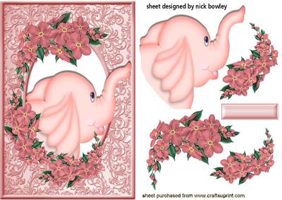 Pink Elephant in Frame of Flowers