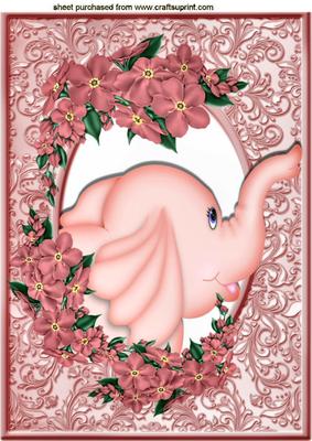 Pink Elephant in Frame of Flowers A4