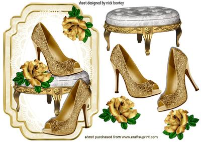Gold Sparkle Shoes, with Roses on a Stool with Lace