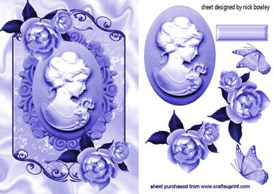 Cameo Lady, Roses & Butterflies Shades of Blue