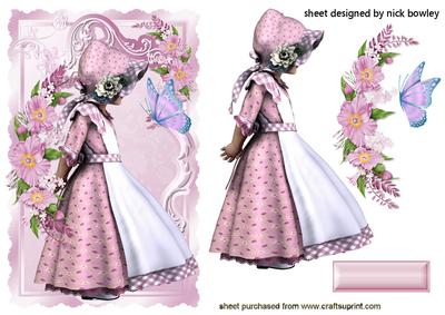 Pretty Bonnet Girl with Pink Flowers