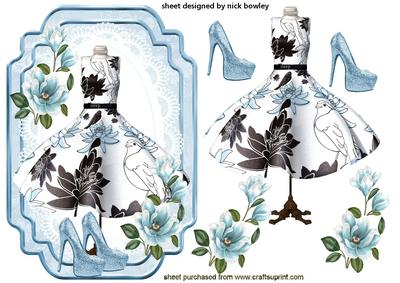 Pretty Dress with Birds and Blue Magnolias on Lace
